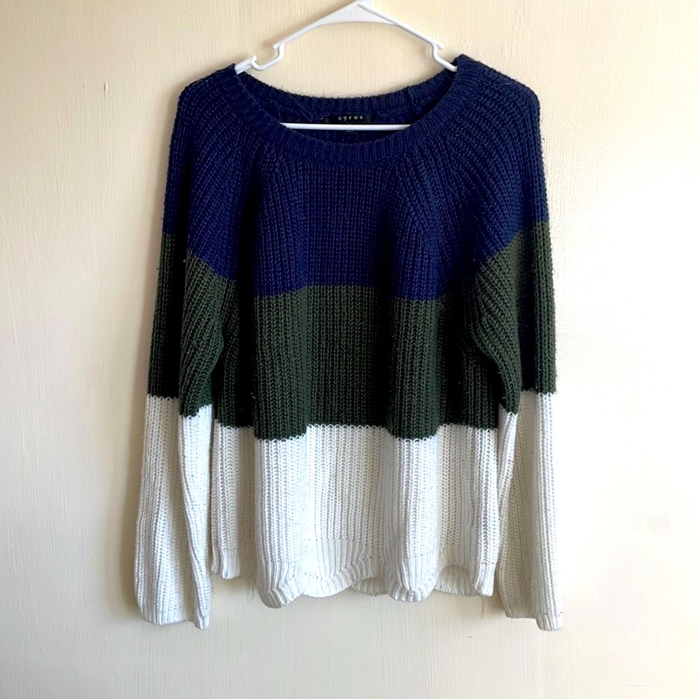 Cyrus XL sweater. Blue, Green, and white. Full length knitted sweater